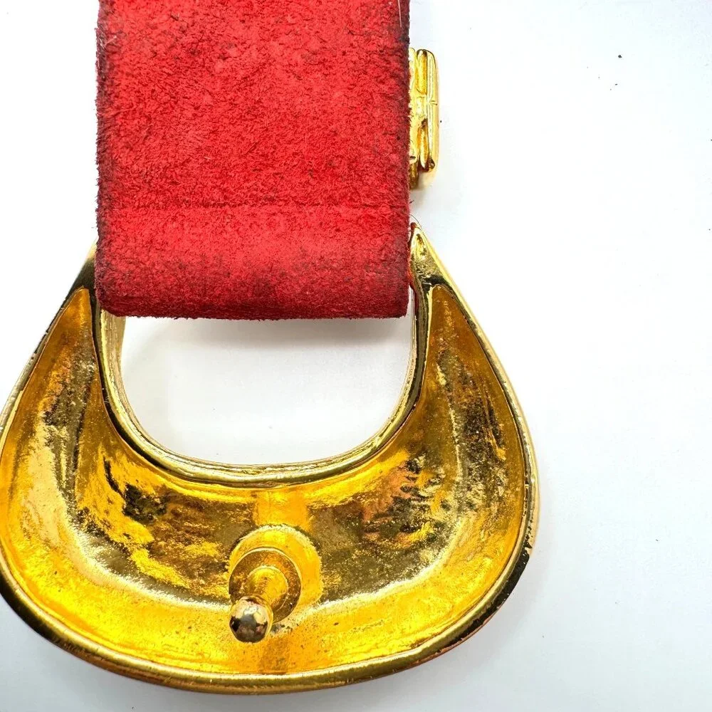 Vintage Carlistle Red Suede Belt Gold-Toned Buckle - Picture 2 of 10